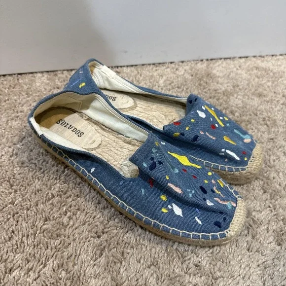 Soludos Shoes Womens Size 7.5 Blue Denim Espadrilles Paint Splatter Slip On - Picture 3 of 7